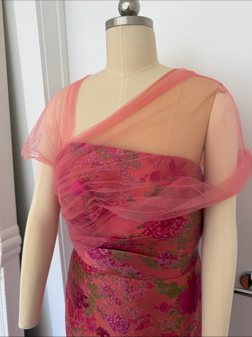 Theia Pink and Green Floral Brocade Maxi Gown with Sheer Capelet - Picture 4 of 8